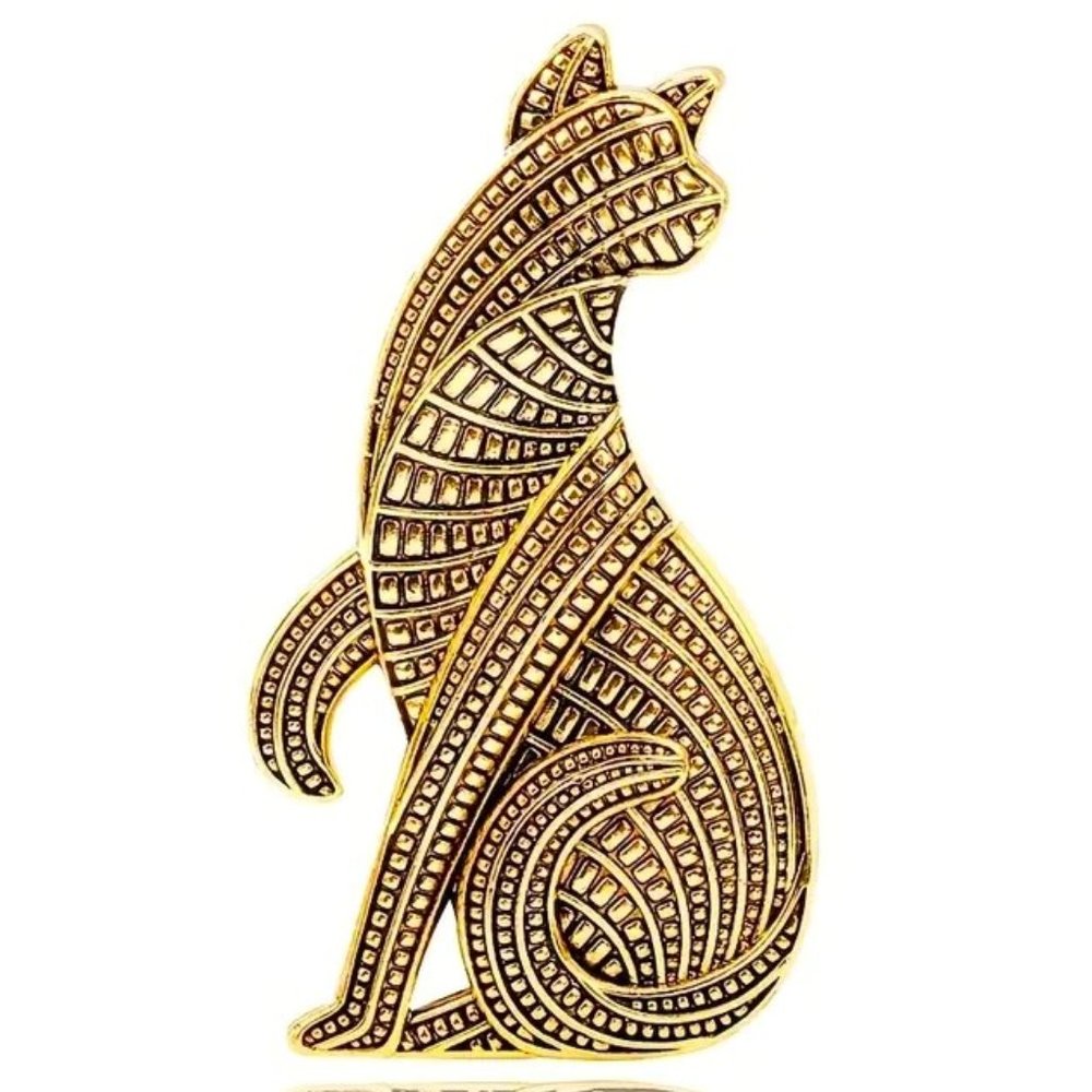 Cat Brooch Egyptian Cold Pin Stylish Large Textured Gold sphynx Goddess Glam Fun